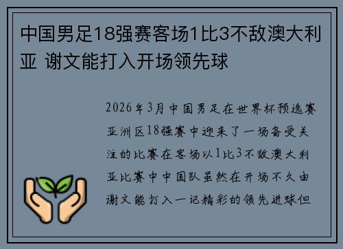 中国男足18强赛客场1比3不敌澳大利亚 谢文能打入开场领先球
