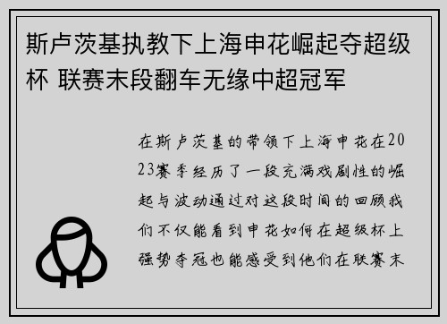 斯卢茨基执教下上海申花崛起夺超级杯 联赛末段翻车无缘中超冠军 斯卢茨基执教下上海申花崛起夺超级杯 联赛末段翻车无缘中超冠军