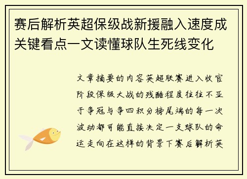 赛后解析英超保级战新援融入速度成关键看点一文读懂球队生死线变化 赛后解析英超保级战新援融入速度成关键看点一文读懂球队生死线变化